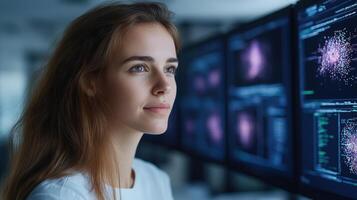 Focused professional modern workspace, analyzing data multiple screens with thoughtful photo