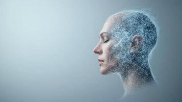 futuristic digital representation of human head, showcasing network of interconnected lines and photo