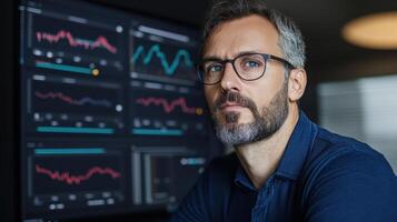 focused financial analyst examines data trends multiple screens, showcasing advanced analytics photo