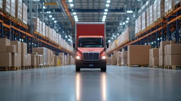 delivery truck warehouse surrounded by stacked boxes, showcasing logistics and supply chain photo