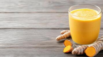 refreshing glass of golden turmeric drink sits wooden table, surrounded by fresh turmeric roots photo