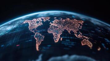 stunning view of digital world map illuminated by city lights, showcasing global connectivity photo