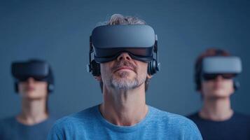 Immersive virtual reality experience with users wearing headsets, exploring new worlds photo