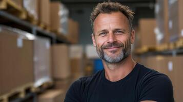 confident man stands warehouse, surrounded by stacked boxes, showcasing his expertise logistics photo