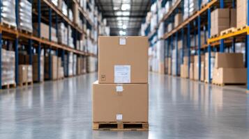 Large cardboard boxes stacked pallet spacious warehouse, showcasing organized storage and photo