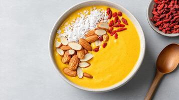 Creamy golden smoothie bowl topped with coconut, almonds, and goji berries for nutritious treat photo