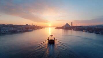 serene sunrise over Istanbul skyline, featuring boat gliding through calm waters photo