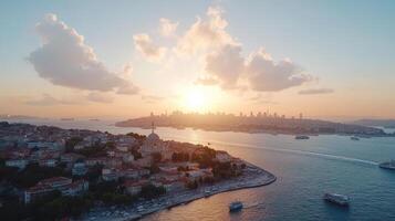 breathtaking golden hour view of Istanbul skyline, showcasing vibrant cityscape and serene photo