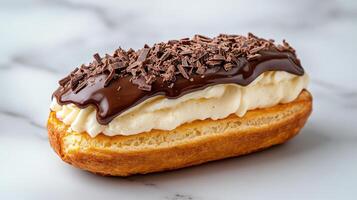 Gourmet eclair topped with glossy chocolate glaze and chocolate shavings, delightful treat photo