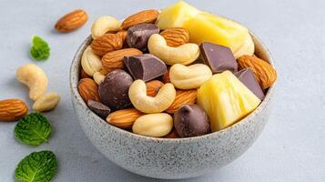 delicious bowl of mixed nuts, chocolate, and tropical fruit, perfect for snacking photo