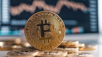 Golden cryptocurrency coin with digital background showcasing market trends and data photo