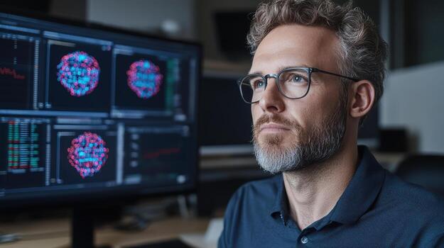 High tech workspace with focused individual analyzing data on multiple screens photo