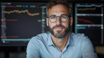 High tech stock market analyst with deep learning tools, focused on data analysis photo