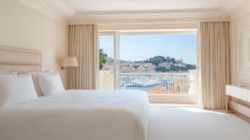 Luxurious hotel suite with stunning view of Monaco harbor and cityscape photo