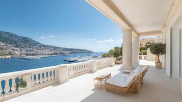 Luxurious hotel suite in Monaco with stunning balcony view of harbor and yachts photo