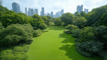 lush park surrounded by tall city buildings creates serene escape from urban life photo