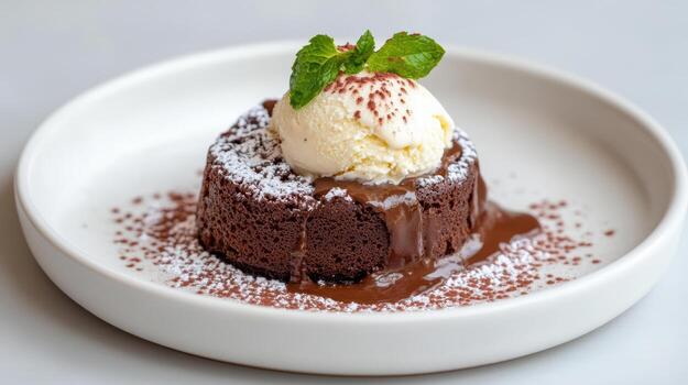 Decadent molten lava cake topped with creamy ice cream and sprinkle of cocoa photo