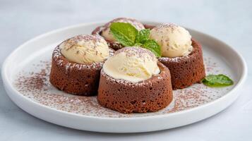 Indulge in rich chocolate dessert featuring molten lava cake topped with creamy ice cream photo