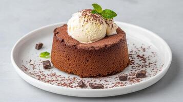 Indulge in rich chocolate lava cake topped with creamy ice cream and mint photo