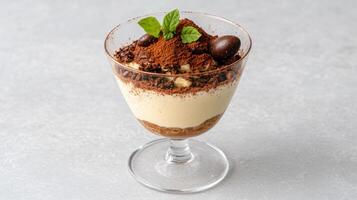 Luxurious tiramisu dessert in glass, topped with cocoa and mint leaves, looks delightful photo