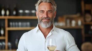 confident man with beard holds glass of white wine, smiling warmly in cozy setting photo