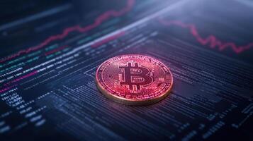 digital representation of cryptocurrency with focus Bitcoin coin, showcasing financial data photo
