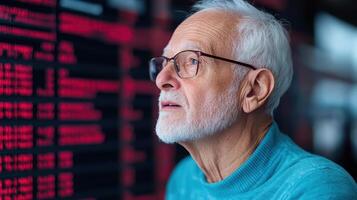 Elderly man observing data on digital display, showcasing curiosity and contemplation photo