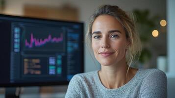 confident professional woman cozy sweater sits front of computer displaying data analytics photo