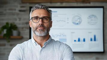 Professional man with glasses standing confidently in office setting, showcasing data analysis photo