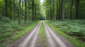 serene hiking trail winding through lush green forest, surrounded by tall trees and ferns photo