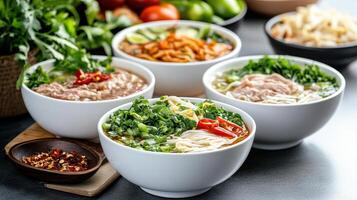 Delicious bowls of noodles with fresh herbs and vibrant toppings create delightful feast photo
