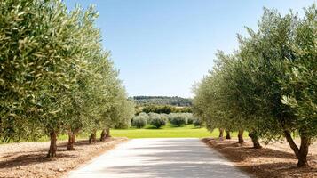 serene pathway lined with olive trees leads to lush green landscape, evoking tranquility photo