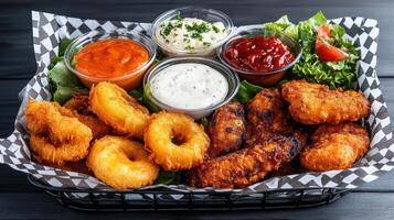Delicious platter of fried snacks with sauces, perfect for sharing and enjoying photo