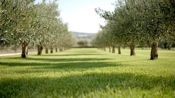 Lush olive trees line serene pathway, creating picturesque landscape photo