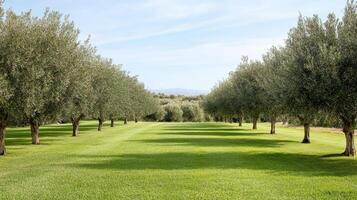 Lush olive trees line serene grove, creating peaceful landscape under clear sky photo