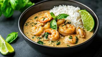 delicious green curry dish featuring jumbo prawns, served with rice and garnished with lime photo