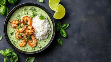 Creamy green curry with jumbo prawns, served with rice and fresh lime. delightful dish photo