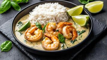 delicious green curry dish featuring jumbo prawns, served with fluffy rice and fresh lime photo