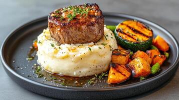 Delicious grilled steak served on creamy mashed potatoes with vibrant vegetables photo