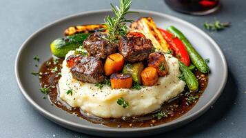 Creamy mashed potatoes topped with grilled vegetables and savory meat, creating delightful meal photo