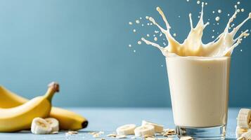refreshing banana smoothie with splash of milk, surrounded by fresh bananas and oats photo