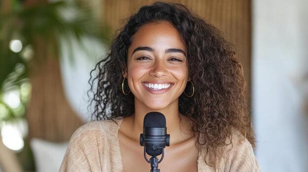 Smiling woman with curly hair sitting front of microphone, creating warm and inviting atmosphere photo