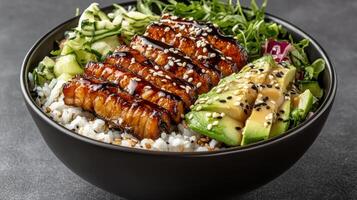 Delicious poke bowl with grilled eel, avocado, and sesame seeds, perfect for sushi lovers photo