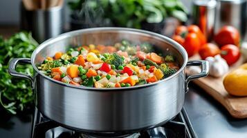 pot of colorful vegetable soup simmering stove, filled with fresh ingredients and steam rising photo