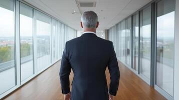 confident business leader walking through modern office corridor, showcasing professionalism and photo