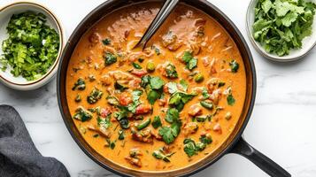 Creamy curry sauce filled with warm spices, vegetables, and fresh herbs photo