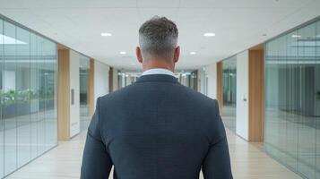 confident leader walking through modern office corridor, showcasing determination and photo