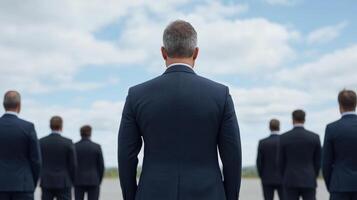 powerful image of leader standing confidently in front of team, showcasing unity and strength photo