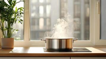 serene kitchen scene featuring steaming pot countertop, with sunlight streaming through window photo