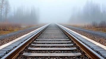 serene railway track stretches into fog, evoking sense of mystery and calm photo